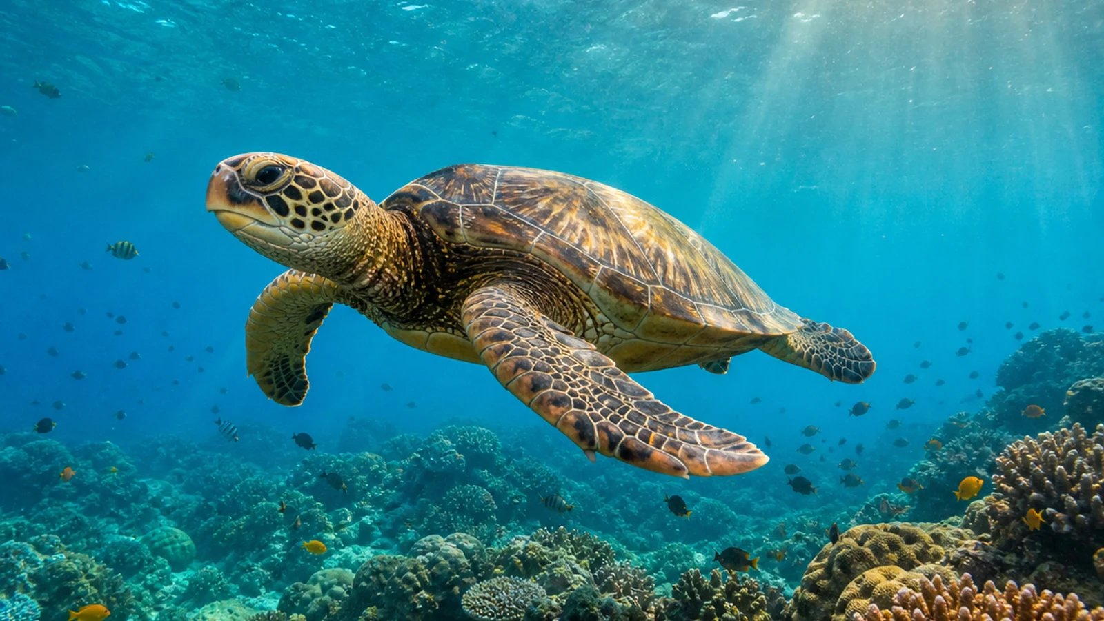 Морская черепаха плывёт над коралловым рифом в прозрачной воде